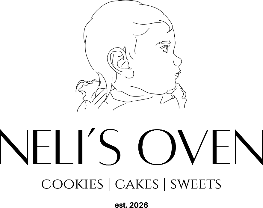 Neli’s Oven logo: a line drawing of baby Neli above the words Neli’s Oven, cookies, cakes, sweets, est. 2026